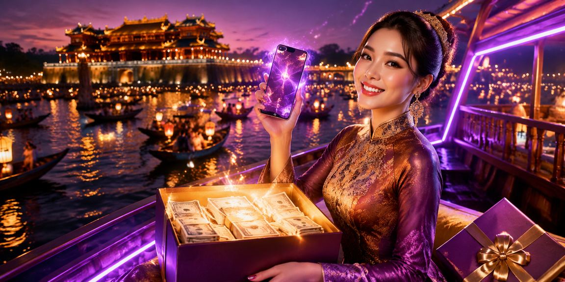 Người dùng tại Huế trải nghiệm casino trên điện thoại với ánh đèn neon về đêm